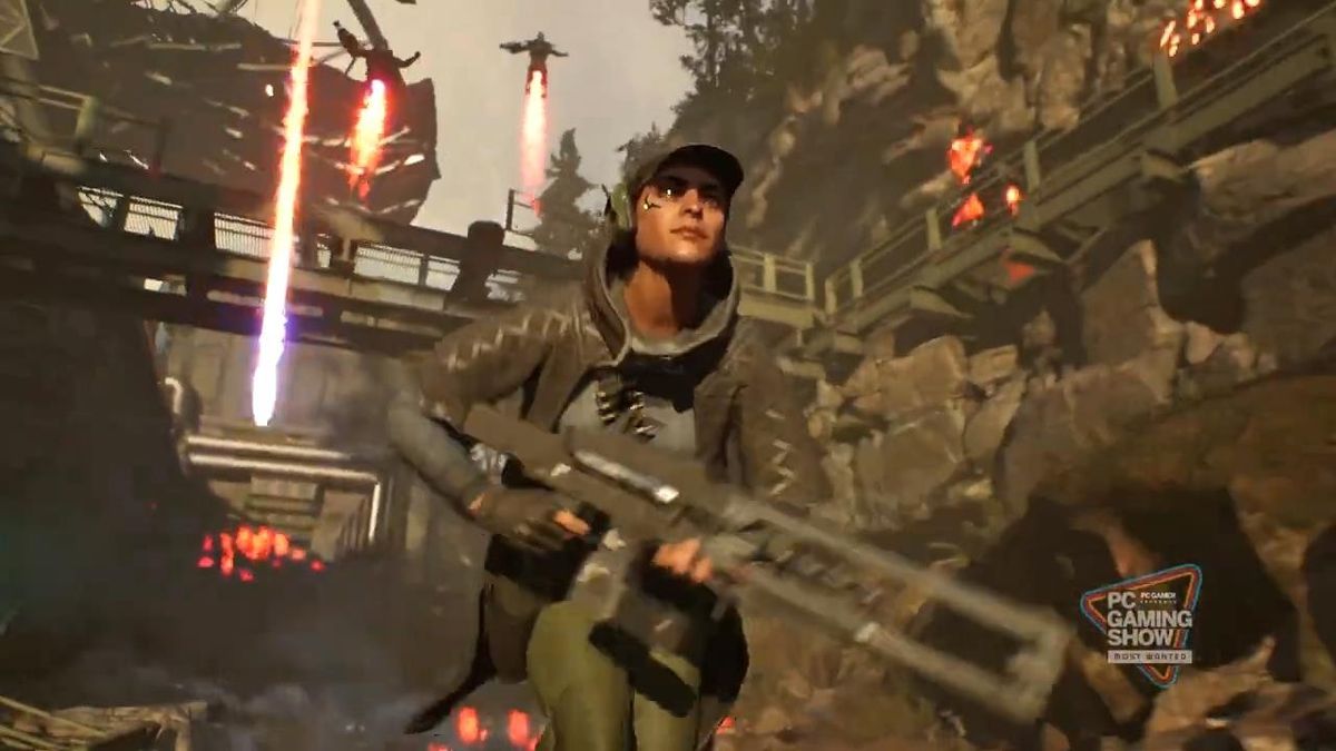 玩家角色手持双持冲锋枪在街道上扫射，背景是燃烧的建筑和漫天飞舞的怪物残骸