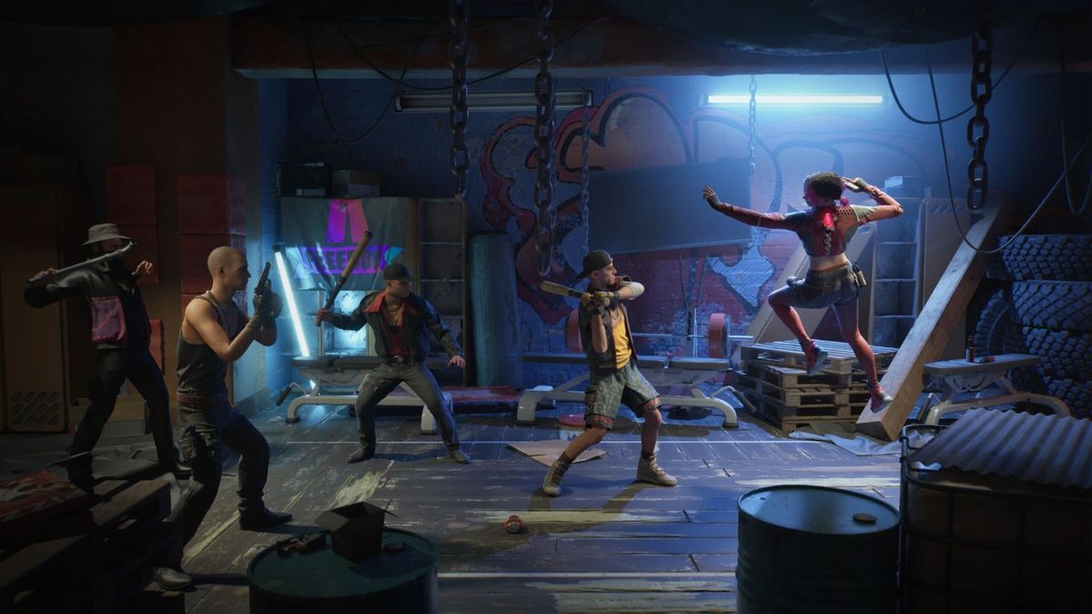 赤线在狭窄巷道中使用喷漆标记敌人，画面风格融合赛博朋克与街头艺术