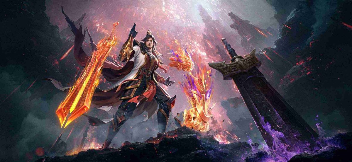 陆逊角色立绘展示，身披青绿战甲，手持羽扇与长剑，眼神睿智深邃，周身环绕火焰与谋略符文特效