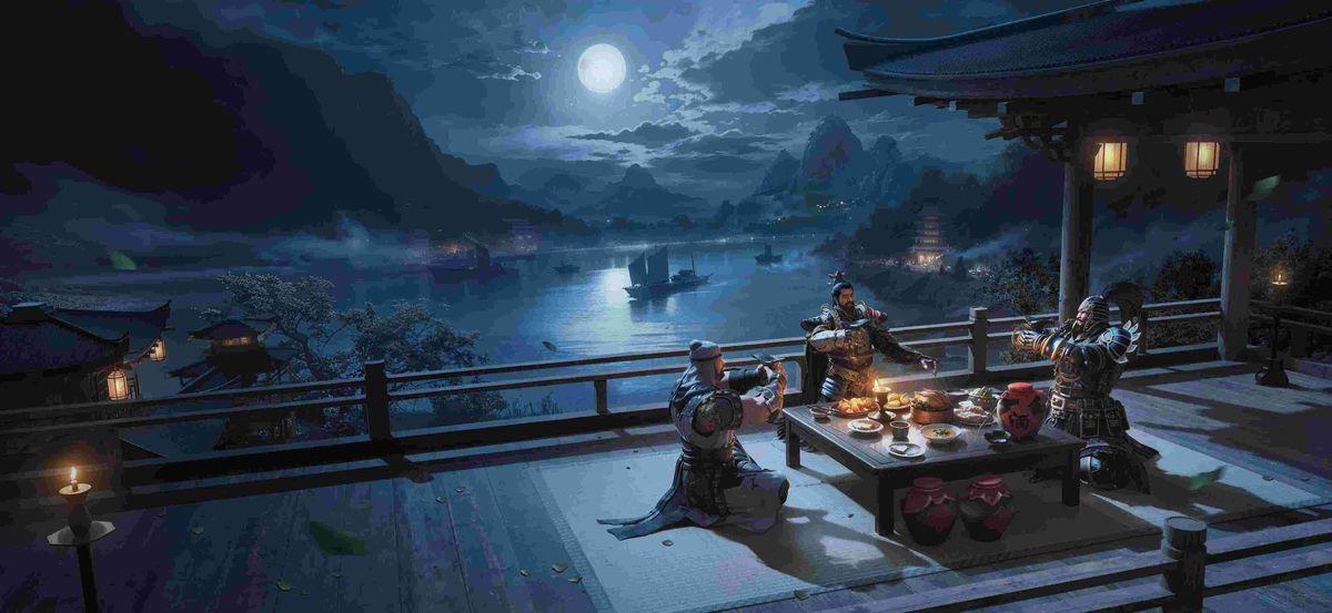 新玩法概念图展示，多支武将队伍在广阔战场中激烈交锋，空中俯视角呈现战略布局感