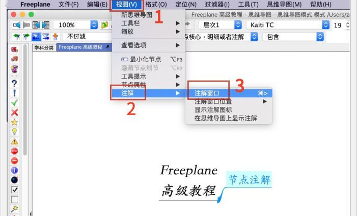 Freeplane界面底部开启注解窗口的效果图，显示当前节点的详细注解文本