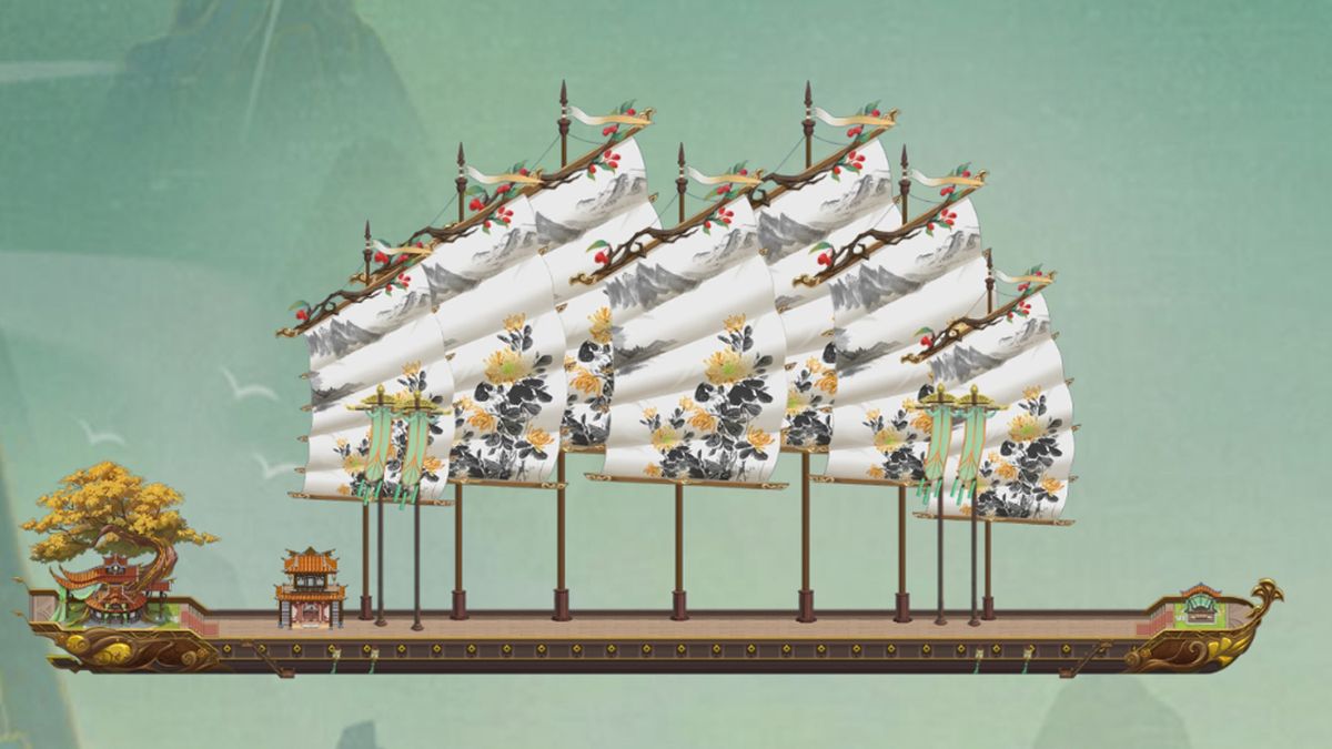 重阳节专属船帆展示图，金色菊花图案布满船帆，背景为秋日江景，古风气息浓厚