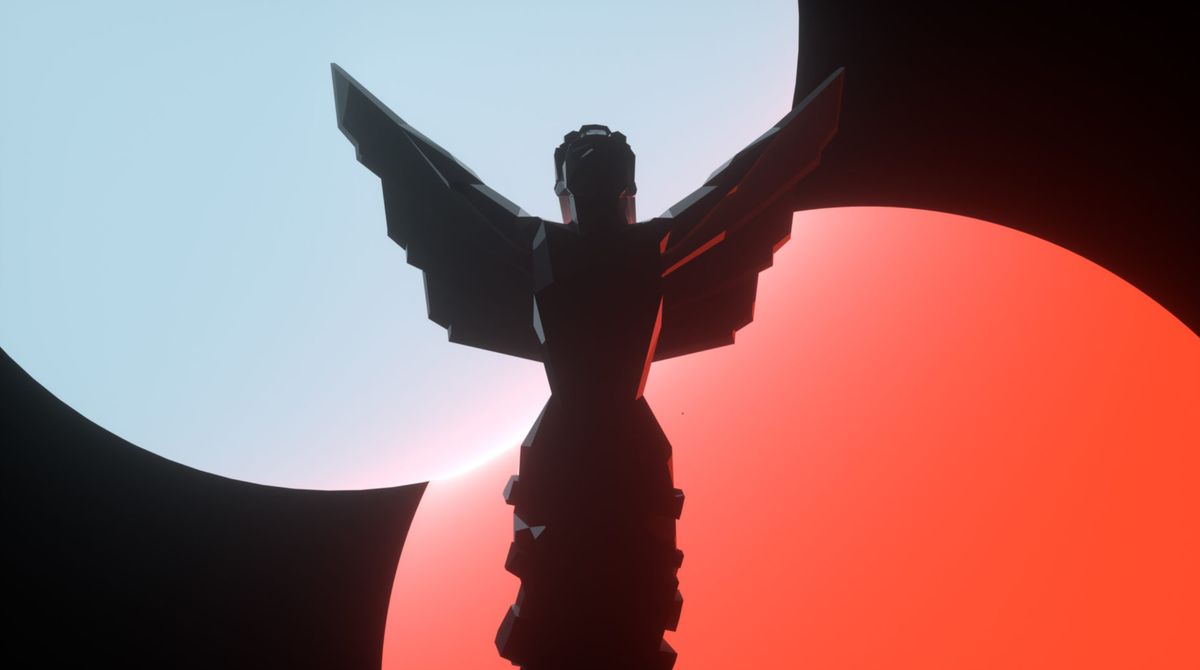 TGA颁奖典礼现场氛围图，舞台灯光璀璨，大屏幕显示提名游戏画面