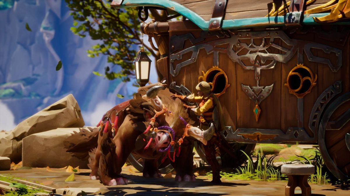 泰坦巨人矗立在废墟中央，全身由岩石与金属构成，双眼散发红光