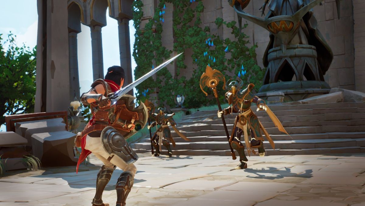 布琳施展奥术跳跃穿越峡谷，身后是崩塌的桥梁与飞舞的魔法符文