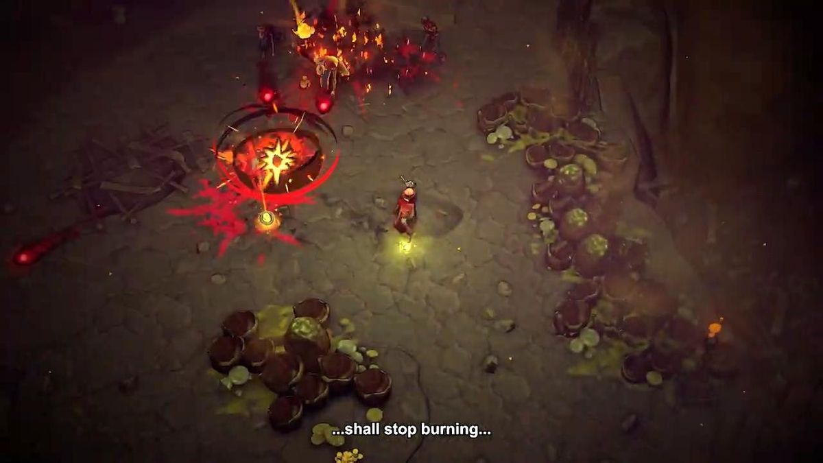 主角Pajeú手持长刀在废墟中奔跑，身后是燃烧的村庄与漫天灰烬