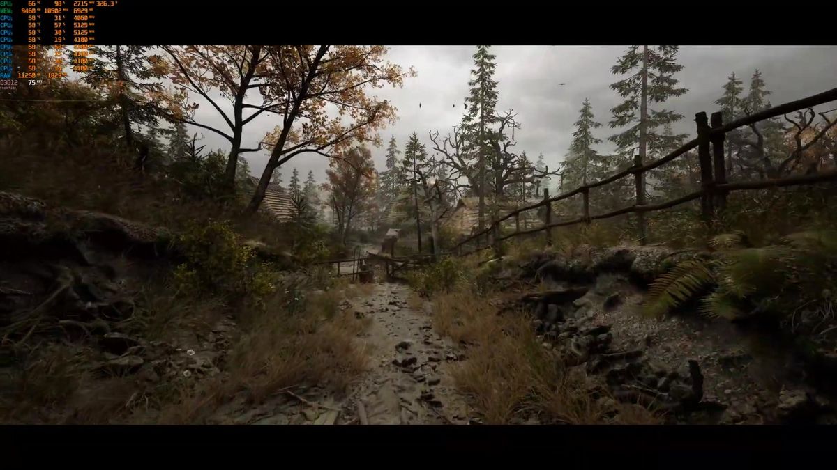 村庄道路视角，两侧为木屋与围栏，地面湿润反光，远处有雾气弥漫