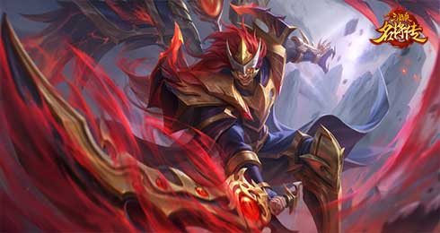 魔·夏侯惇召唤魔眼作战的战斗场景，红色魔气环绕，眼部悬浮诡异魔眼，气势磅礴