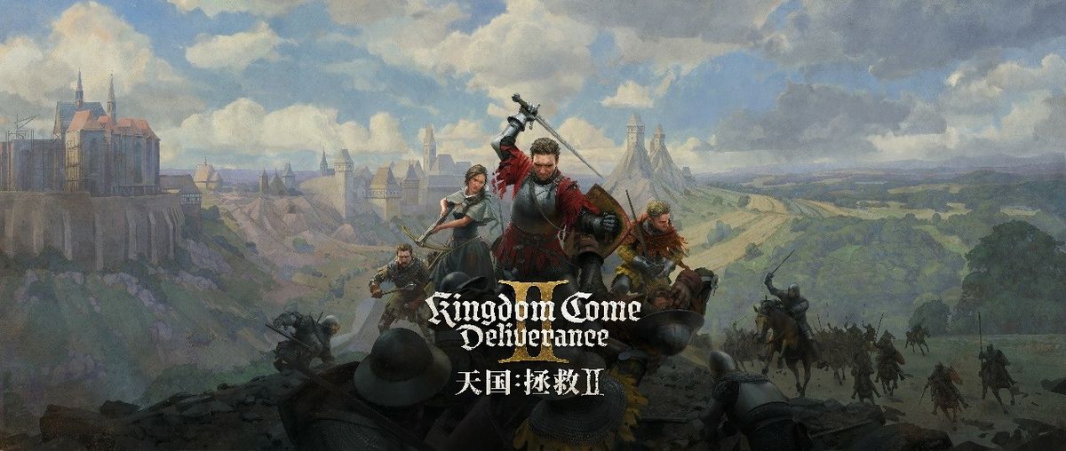 《天国：拯救2》官方故事预告截图，主角亨利身披铠甲，神情坚毅地站在战火燃烧的城堡前，背景是浓烟滚滚的中世纪战场