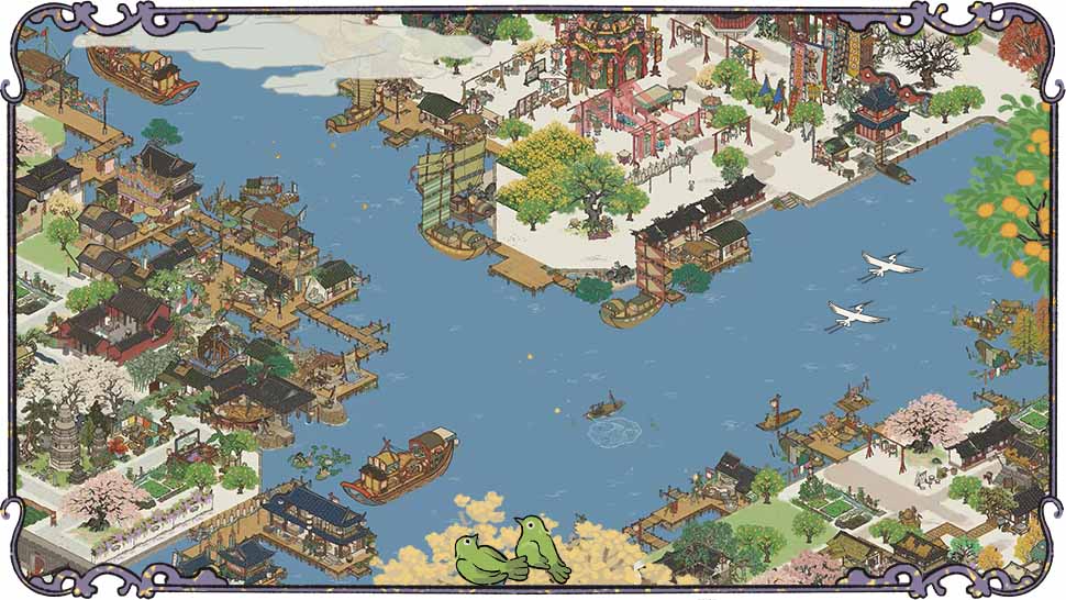 玩家在宁波府滩涂区域搭建栈桥，连接水域与陆地，形成错落有致的水上建筑群