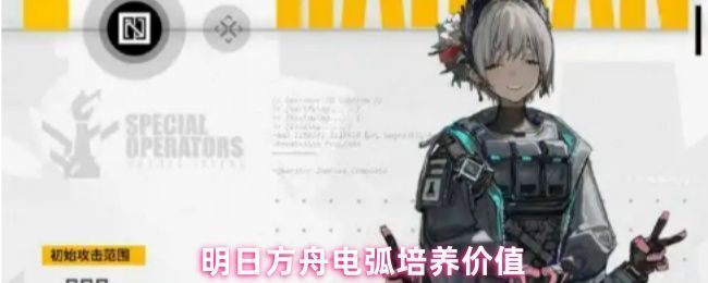 明日方舟电弧角色立绘展示，身穿科技感战衣，手持能量装置，背景为电力场域特效