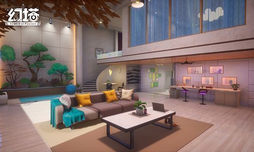 洛斯琳宿舍内部场景，温暖灯光下摆放着猫窝、书籍与小饰品，洛斯琳坐在沙发上轻抚猫咪，画面温馨治愈