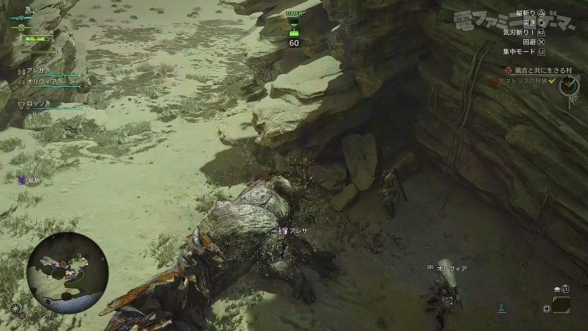 炎尾龙在峡谷中怒吼，身体缠绕火焰，猎人跃起发动空中斩击