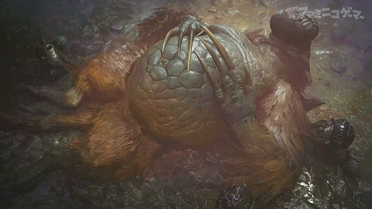 猎人穿越沙漠地带，远处沙尘暴正在逼近，地面上留有巨大怪物脚印