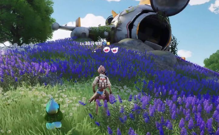 闪电貂在紫色花丛中跳跃，毛发闪烁电光，背景为破损的金属舱体