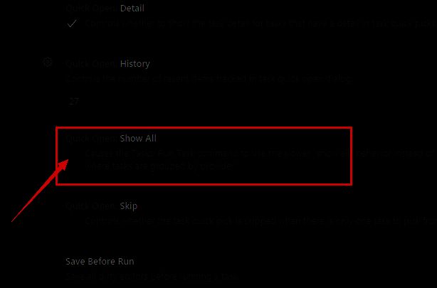 VSCode设置项中Show All选项已被勾选，表示任务栏将显示所有任务