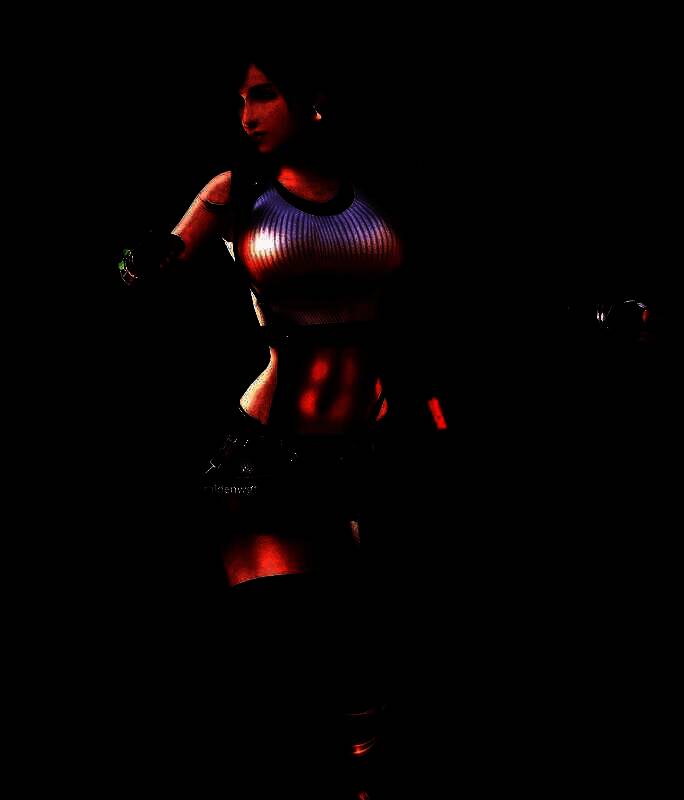 蒂法手持拳套摆出战斗姿势，背景为米德加城市夜景，灯光映照在她的盔甲上