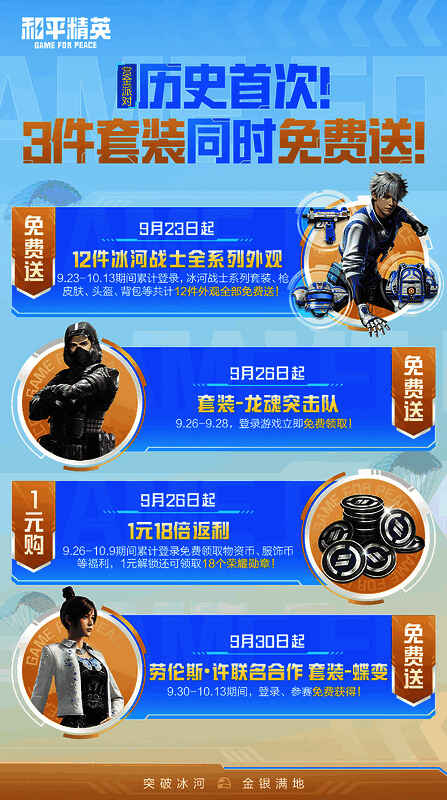 《和平精英》赏金派对活动宣传图，展示冰河战士、龙魂突击队与蝶变三大主题套装角色立绘