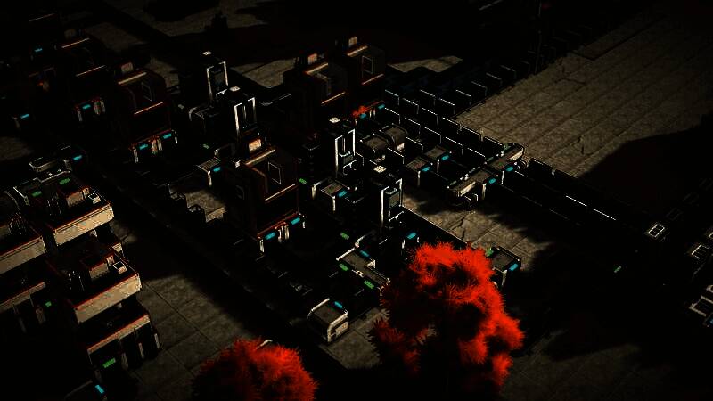 一座由无数玩家制造模块构成的巨型塔楼正在城市中升起，天空呈现渐变蓝紫色