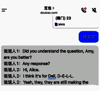 豆包聊天界面中用户输入‘转文字’指令后的交互画面