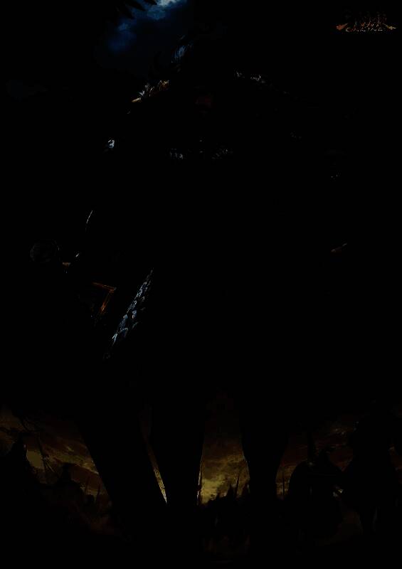 「谋」孙坚角色立绘，身披重甲手持烈焰长剑，眼神凌厉，周身环绕火焰特效，背景为燃烧的宫殿