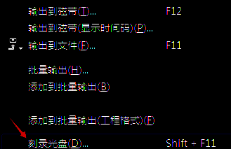 Edius文件菜单展开状态，高亮显示已激活的刻录光盘选项
