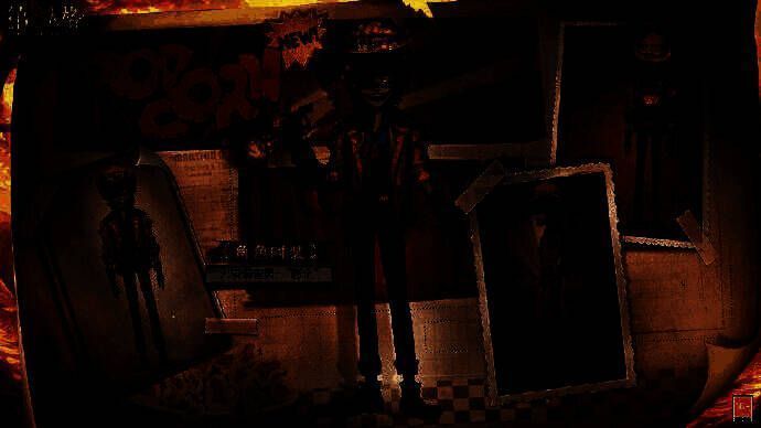 火灾调查员头戴爆米花帽，面部焦黑却笑容灿烂，手持喷烟装置，整体造型夸张且充满戏剧张力