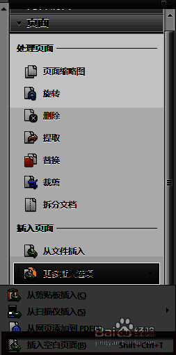 插入空白页面选项菜单展开，清晰显示‘插入空白页面’按钮