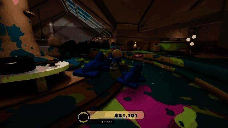 游戏中一只博美犬在泥地里打滚后冲进客厅，地板上留下一串爪印，背景是惊愕的主人照片