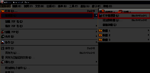 文件菜单中管理器选项被选中，光标指向打开管理器命令