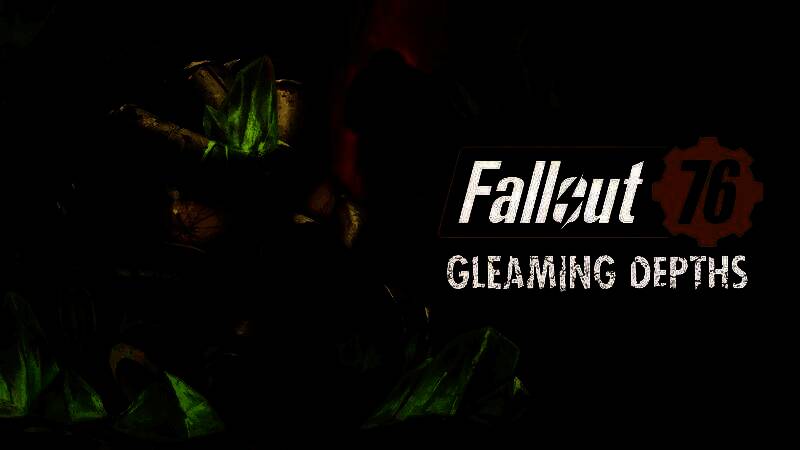 《Fallout 76》‘辉光深渊’突袭场景，四名玩家在昏暗的地下实验室中与发光怪物激烈交火，周围布满辐射管道与科技残骸