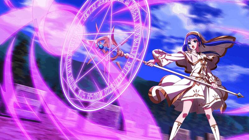 战斗风格插画，尤莉西娅手持法杖，背后浮现骷髅幻影，与圣光交织对抗