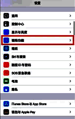 手机设置界面展示，辅助功能选项被高亮选中