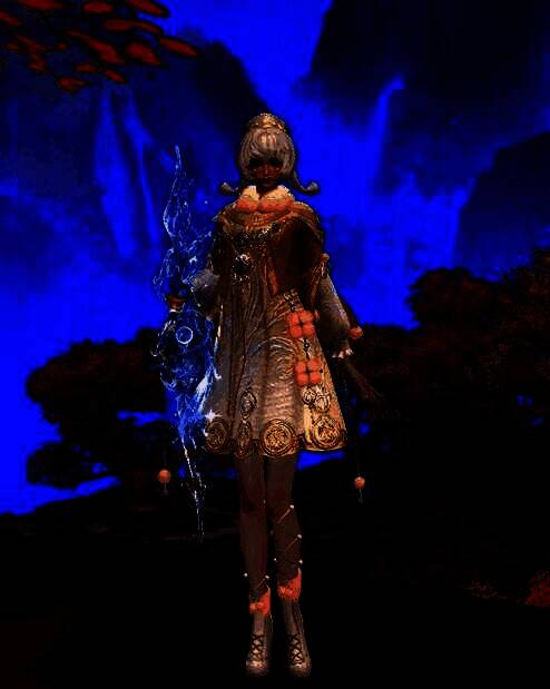 《天下》手游女款【琅琅环佩】时装展示，少女扎着麻花辫佩戴金饰小帽，身穿金蓝华服，毛领点缀，整体俏皮华贵