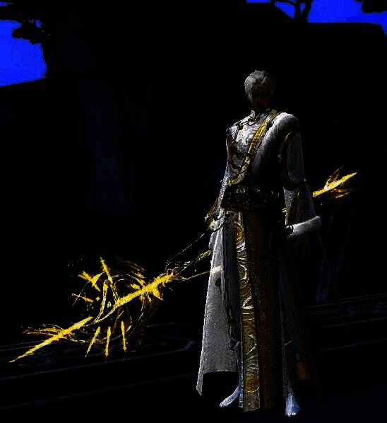 《天下》手游男款【琅琅环佩】正面展示，银发白衣配金色半臂袍，肩部毛裘装饰，尽显仙气