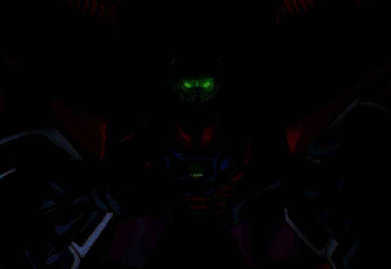 恶魔高达全身黑色装甲，散发红色能量光晕，悬浮于废墟之上，背景充满末世感