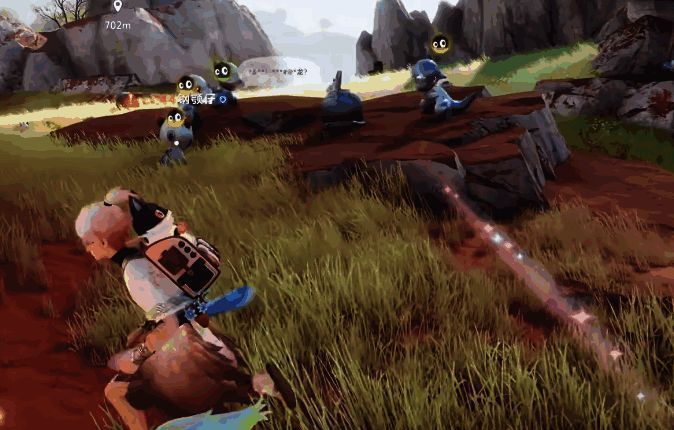 小碳犬与焚火狼在大树下徘徊，地面有余烬特效，体现其火系特征