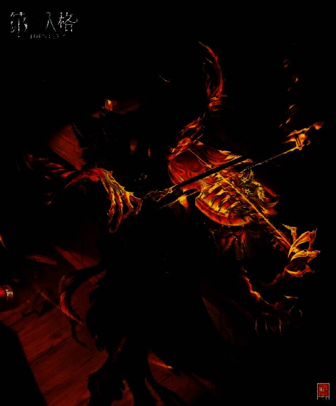 小提琴家-民谣乐手在昏暗酒馆中演奏，金色音符环绕，长发与恶魔爪影交织，小提琴散发灼目光芒