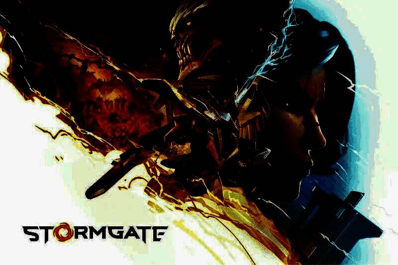 《风暴之门》游戏主界面展示，背景为未来科技风格的战场，空中悬浮着巨型风暴结构