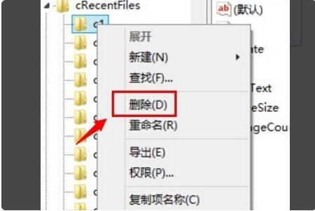 注册表中定位到Adobe Reader XI的cRecentFiles路径，并右键删除c1项的操作界面