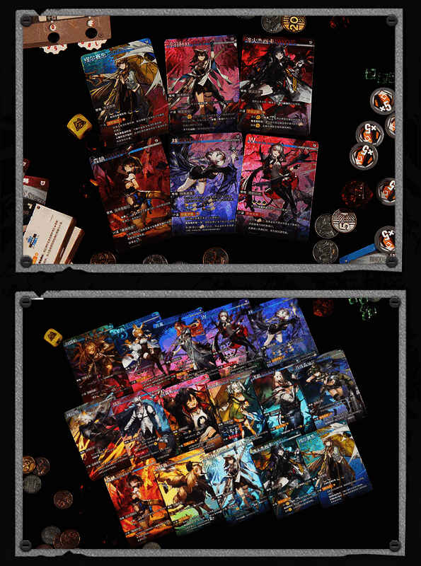 扩展包内含的干员角色牌实物图，展示阿米娅、赫拉格等角色卡面设计