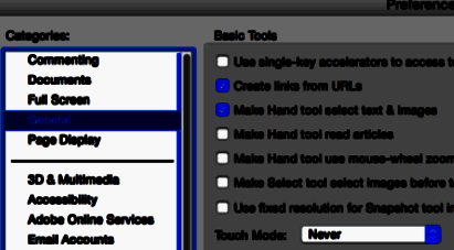 Adobe Reader XI通用设置中取消勾选Make Hand Tool read articles选项的界面截图