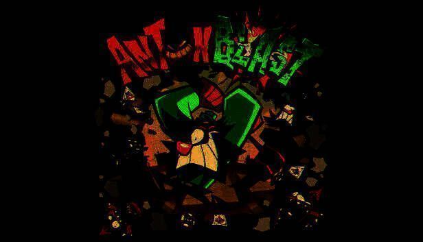 《安东布莱斯特》游戏主视觉图，主角安东手持巨型锤子，背景为爆炸火焰与涂鸦风格城市