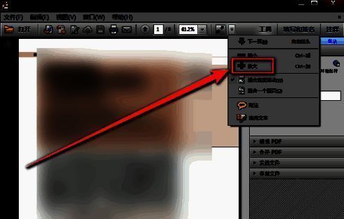 下拉菜单中“放大”选项被高亮显示，页面内容已明显放大