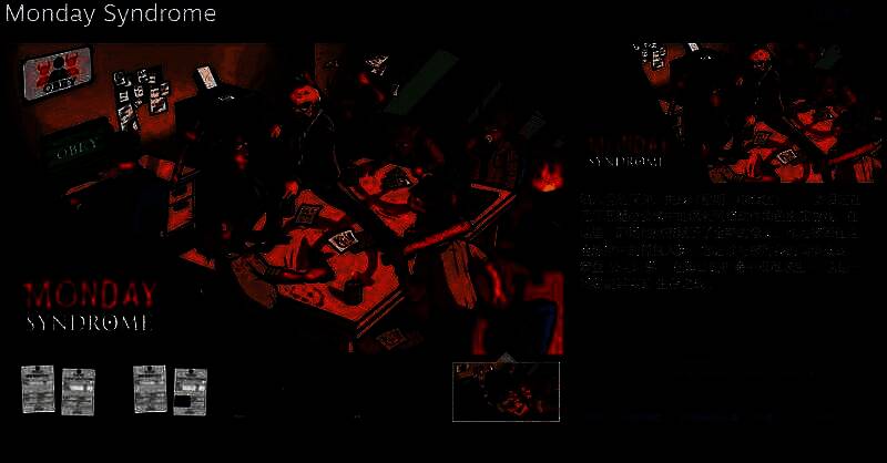 《星期一综合症》游戏概念图，画面中呈现霓虹色调的都市街道，主角身穿西装手持武器，背景有巨大公司LOGO投影，充满赛博朋克氛围