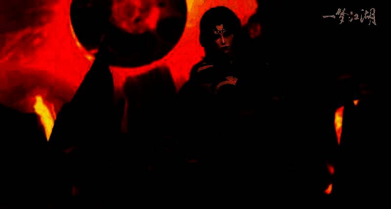 男性角色身穿红色烈焰风格时装，背景为赤红天际，火焰纹路清晰可见，整体气势磅礴