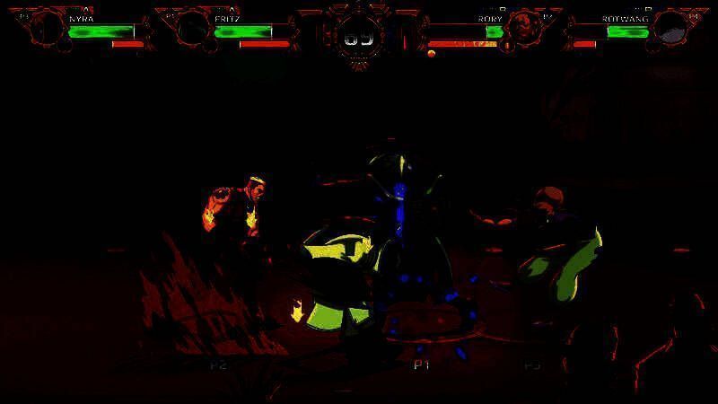 游戏战斗场景中三名角色在不同赛道间跳跃移动，展现立体战斗空间与动态视角