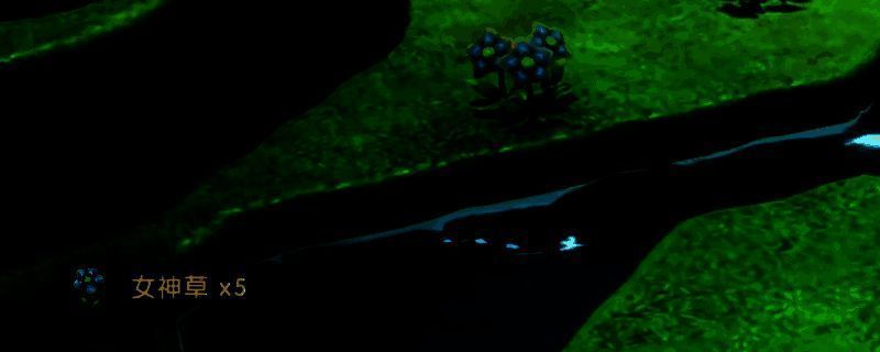《幻想生活i》中玩家在他人岛屿采集女神草的场景，角色站在草丛旁，手中拿着刚摘下的发光植物