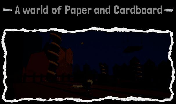 角色在纸板森林中奔跑，前方出现可展开的纸门，光影效果突出手工材质