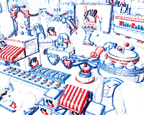 游戏内大白兔奶糖生产线动态画面，奶糖在传送带上滚动，周围光影闪烁